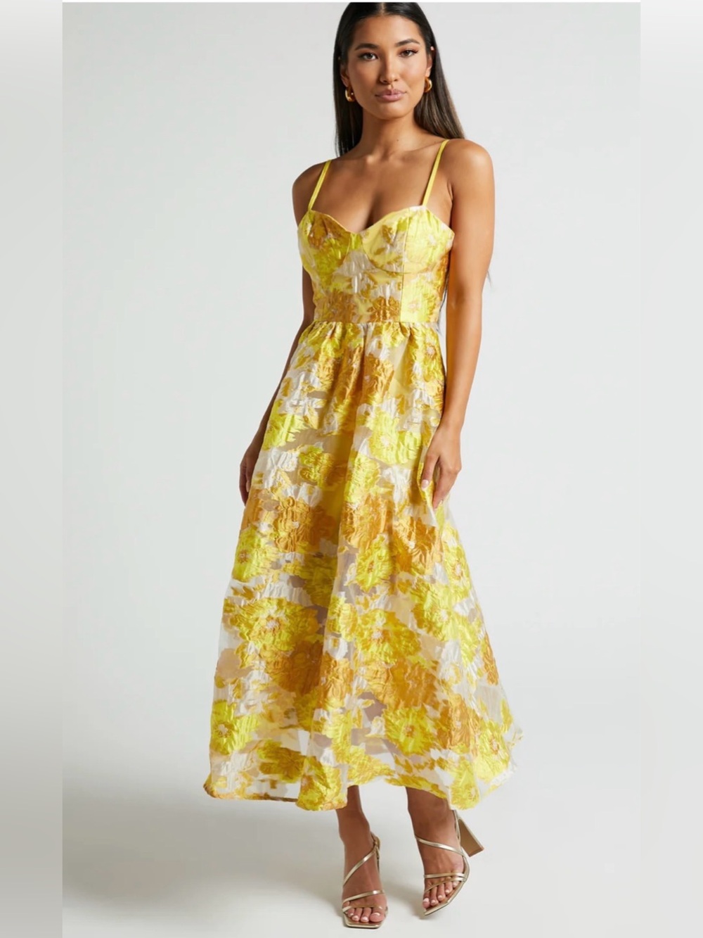 Showpo Yellow Midi Cocktail Lined Floral Dress Spaghetti Straps Corset Sz 4